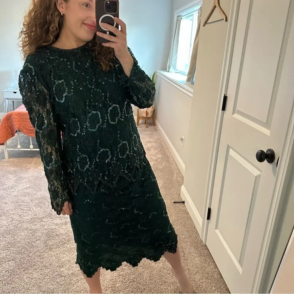 Vintage Laurence Kazar Green Beaded Sequin Shirt and Skirt Set PL - Picture 3 of 16